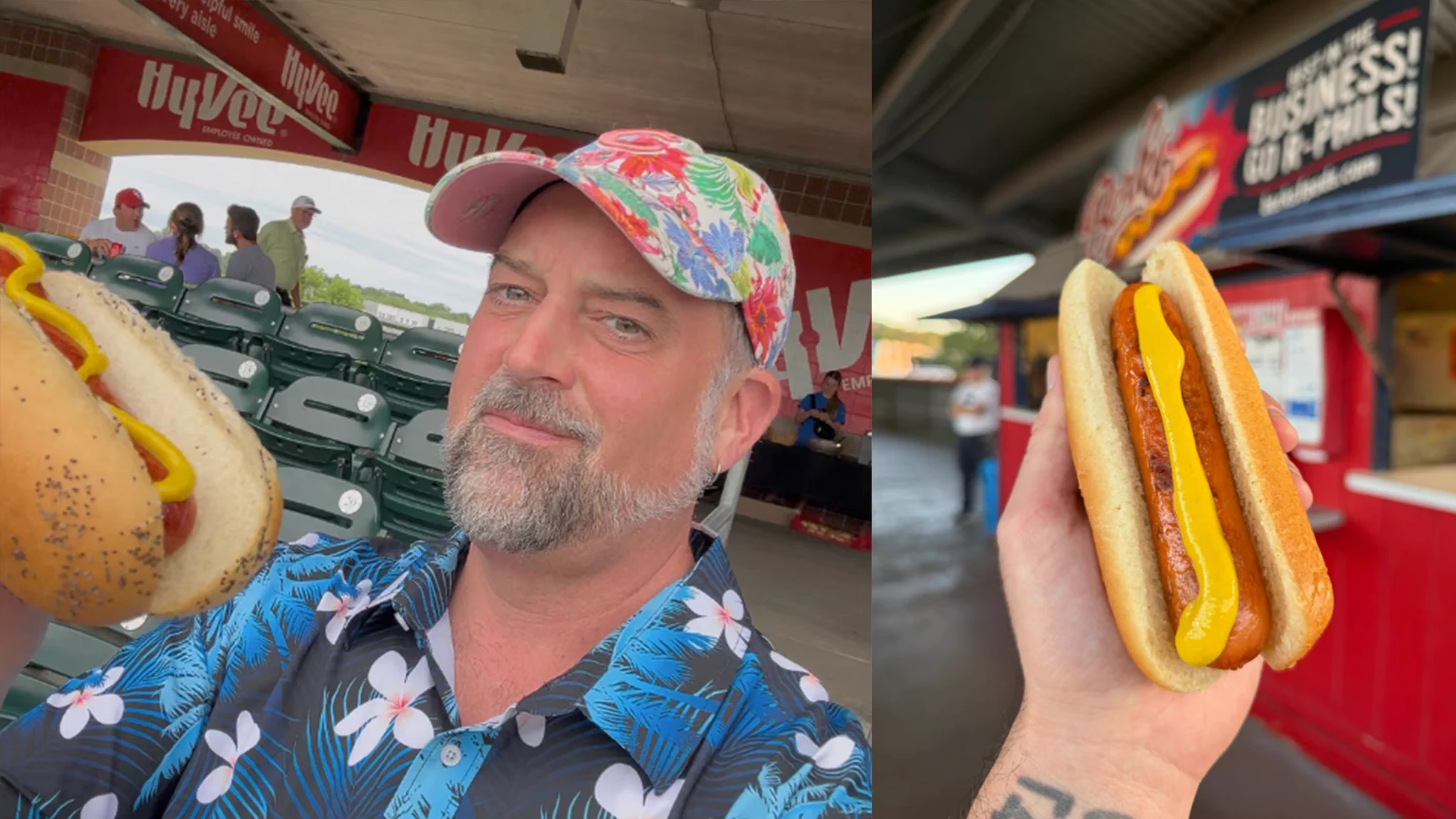 A split image. On the left, fan Rev Ciancio, who tried hot dogs at 77 different ballparks this year. He’s wearing a Hawaiian shirt and a floral hat, holding a hot dog. On the right, his hand holding a hot dog with mustard from Reading, PA.
