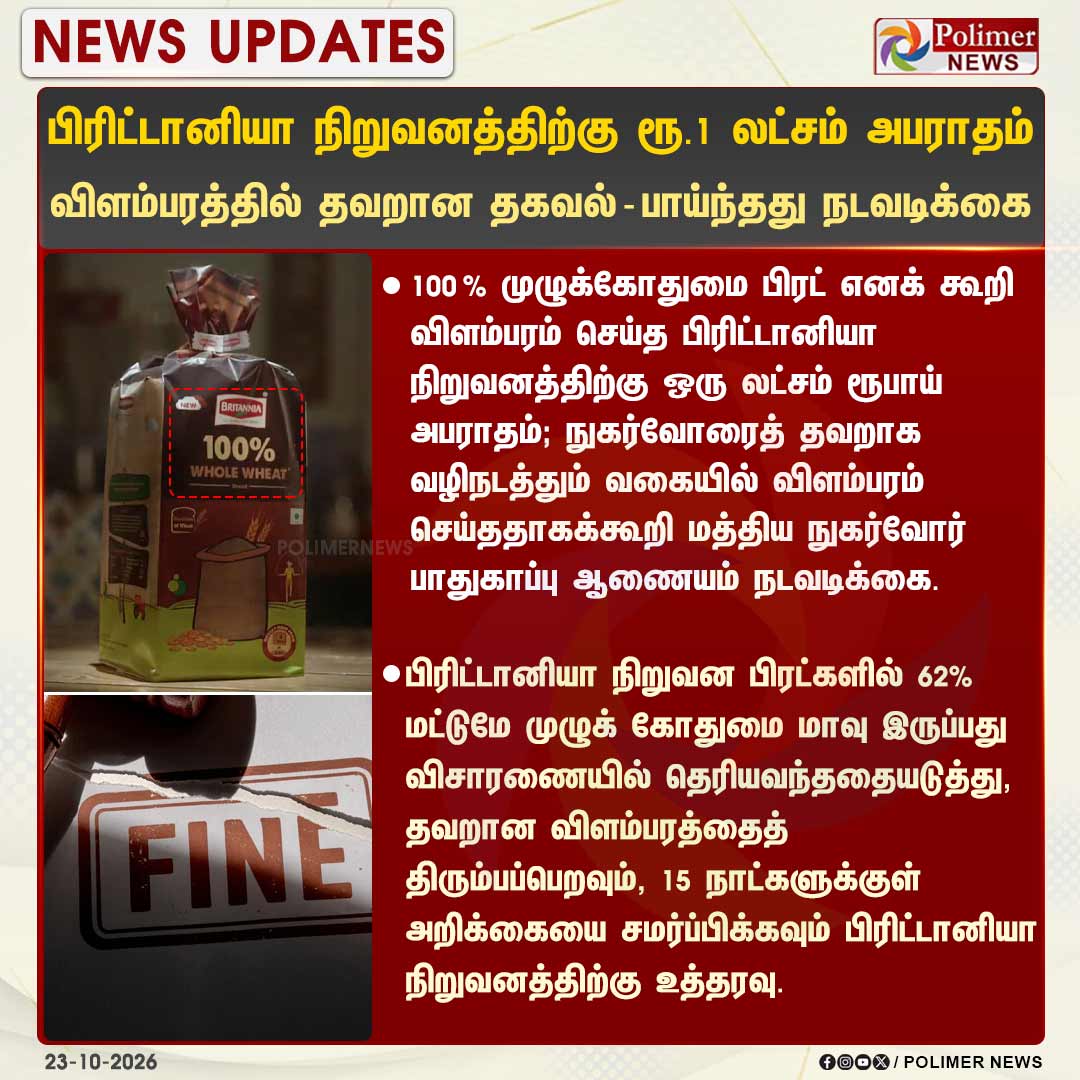 polimernews's tweet photo. பிரிட்டானியா நிறுவனத்திற்கு ரூ.1 லட்சம் அபராதம்..!

#Britannia | #WheatBread | #ConsumerProtectionCommission | #MisleadingAD | #Polimernews https://t.co/Dp5AG0gI9g