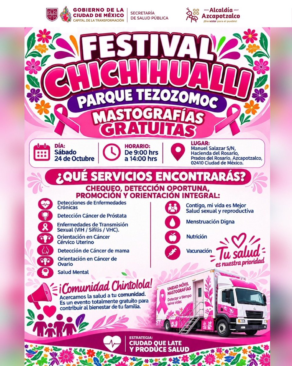 NancyNunezmx's tweet photo. 💗 ¡VECINAS Y VECINOS, ESTE SÁBADO NOS VEMOS EN EL PARQUE TEZOZÓMOC!

Les recuerdo que este 24 de octubre tendremos el Festival Chichihualii, con mastografías gratuitas y diversos servicios de salud para acercar la prevención y el bienestar a todas las familias de Azcapotzalco. 🎀

📅 Sábado 24 de octubre 
⏰ De 9:00 a 14:00 h
📍 Parque Tezozómoc

Habrá detecciones oportunas, orientación en salud sexual y reproductiva, nutrición, salud mental, vacunación y más.

¡Aprovechemos estos servicios gratuitos y hagamos de la prevención una prioridad! Nos vemos este sábado. 💗

#BienestarParaElPueblo  #Azcapotzalco #octubrerosa #NancyNuñez