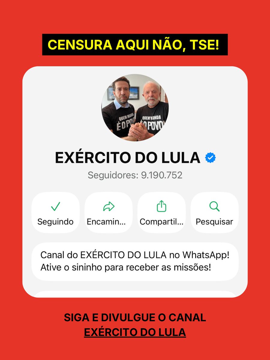 fandomspelobr's tweet photo. 🚨 SIGA OS 3 CANAIS E ESPALHE PRA GERAL FAZER O MESMO!

EXÉRCITO DO LULA: https://t.co/2ul9NNyp7P

CANAL DO LULA: https://t.co/CigXreIGM0

TROPA DA ERIKA HILTON COM LULA: https://t.co/d4KGn7HqoP https://t.co/ANY61DNgtK