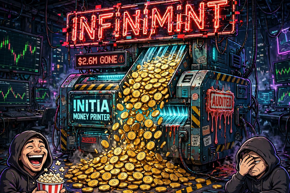 cloveryzt's tweet photo. someone found the money printer on initia chain today and just... used it. infinimint bug. no cap. minted tokens out of thin air and walked off with $2.6M. binance labs backed. audited multiple times. the audits did NOTHING bro lol https://t.co/2kyZbBM8ZE