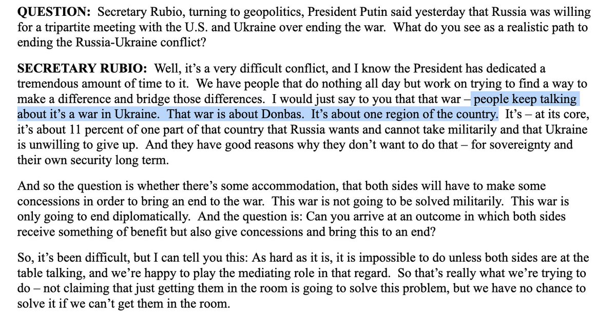 ralexdc's tweet photo. NEW!!  Rubio on Russia's war in Ukraine: 

"...  people keep talking about it’s a war in Ukraine.  That war is about Donbas. It’s about one region of the country." https://t.co/xP3CVwtWyL