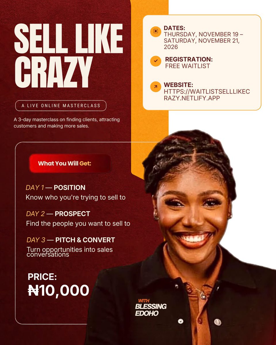 SpecEdoho's tweet photo. You can have a skill people need and still struggle to get clients online.

Not necessarily because you’re not good at what you do, but because people don’t know what you can do for them.

You can be a virtual assistant, social media manager, graphic designer or copywriter and keep saying, “I’m available for work,” without clearly showing people the value you bring.

Putting yourself out there matters. It gives people the opportunity to discover you, understand what you do and consider working with you. But it’s not just about showing up. You also need to know what to put out there and how to communicate your value.

That’s what positioning is about.

And it’s one of the things we’ll be breaking down in my SELL LIKE CRAZY masterclass, alongside prospecting, pitching and converting.

The waitlist is free, and the masterclass holds November 19–21, 2026. The fee to attend is ₦10,000.

Join the waitlist through the link in the comments.