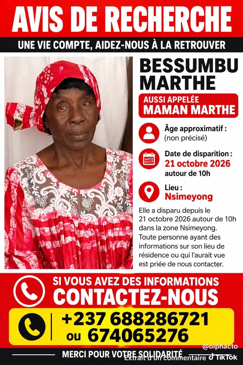 Sandrah_Oh's tweet photo. Hello.  Nous recherchons la maman d’un frère, sortie de la maison au quartier Tam-Tam Yaoundé, depuis 2 jours.
 Elle est gabonaise. Elle est maladive. 
Elle a été opérée du cerveau, donc il est possible qu’elle ne puisse plus se souvenir de son chemin. 

RT  svp🙏🏽. https://t.co/wTgLOVXBVj