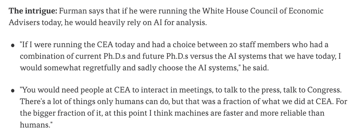 Neil_Irwin's tweet photo. He goes so far as to say that if he were to run the White House CEA today he'd do it with a lot of reliance on Claude and friends. https://t.co/jUHFbo460O