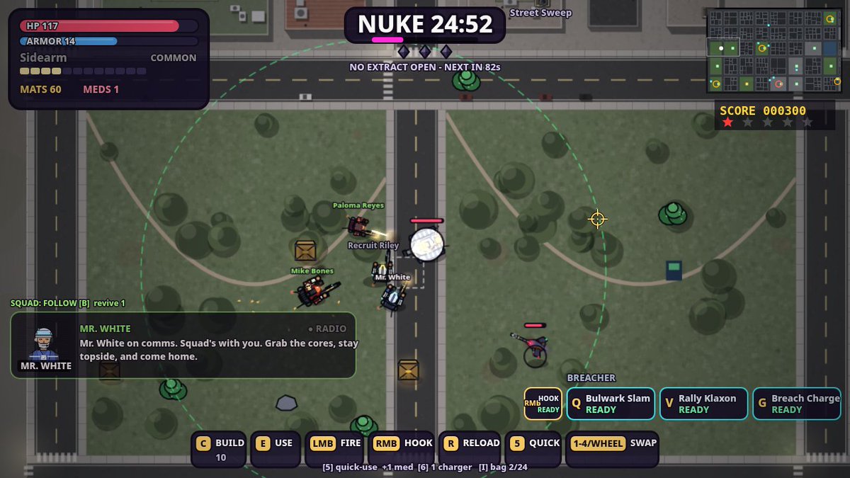 LittleManPower's tweet photo. Topside Raid dev update 🤖 A game built by an AI bot crew, where you command your own robot squad. New build in testing: bigger stash, TV-size HUD, cleaner title screen, squad radio portraits. Bots take a little practice to run, but once it clicks it's smooth. Ideas? Reply 👇 https://t.co/SLY1jLyzew