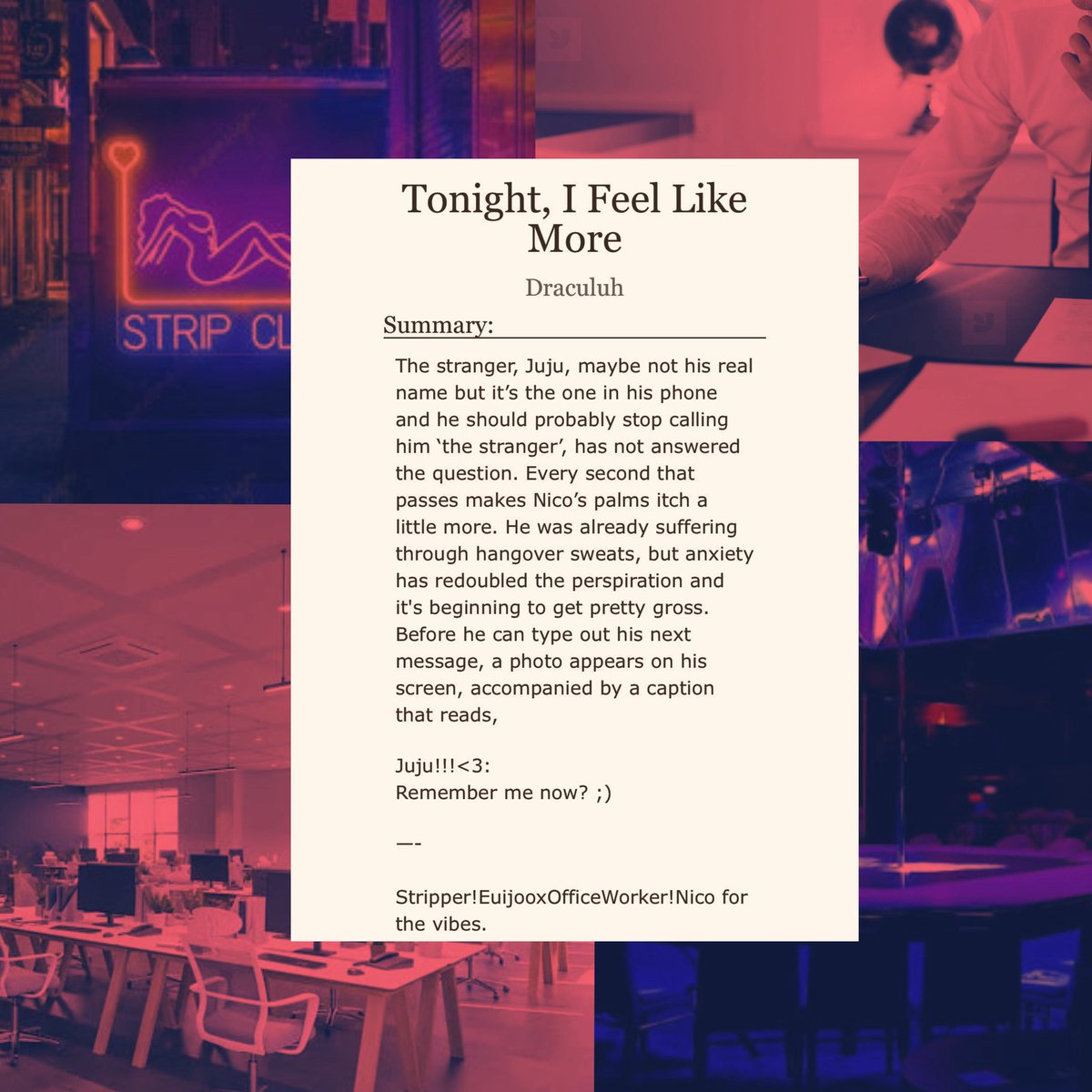 drac_mp4's tweet photo. Tonight, I Feel Like More

🌃 JjuNik 🍊🍓
🌃 Rated: E
🌃 1/6, 9.2k words
🌃 Stripper!Jju x OfficeWorker!Nik AU
🌃 Slowish Burn, Forced proximity (work trip), Obsessive behavior, Everyone is gay, idk just try it

https://t.co/ofxhR520oR https://t.co/dZDoT47eHu