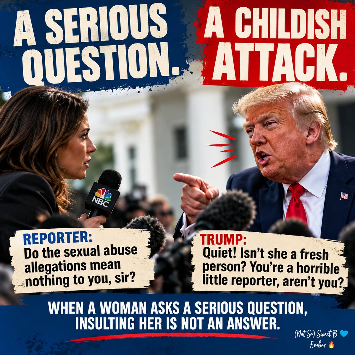 Sweet_Bee1972's tweet photo. When the question gets tough, Trump attacks the woman holding the microphone. 
#DemsUnited https://t.co/EMATu8T401