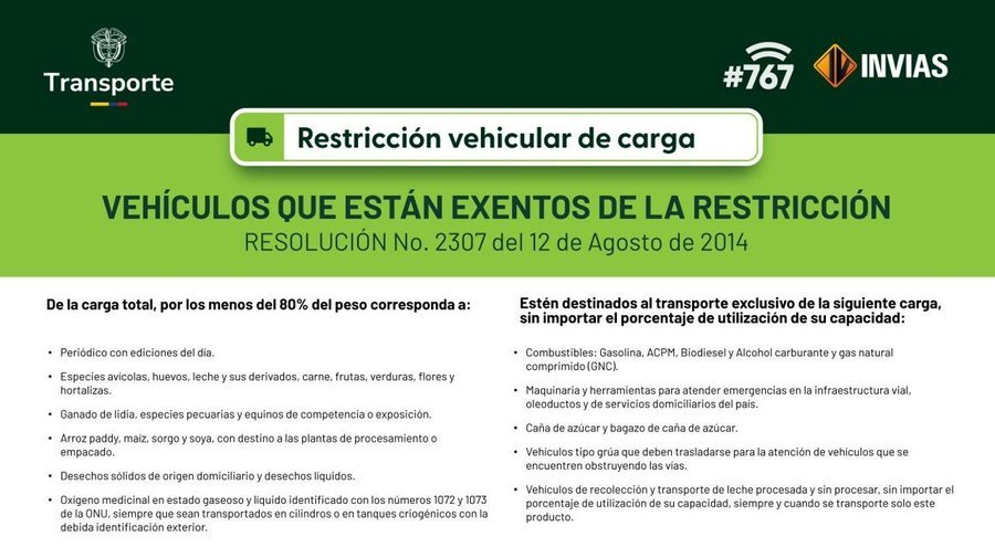 ASOCIESM's tweet photo. 📢#Restriccion vehicular de carga para los domingos que No hagan parte de un puente festivo y los que están exentos de la restricción 🚛 
#Transporte
#LineaNacional767 https://t.co/9WoOhX12A1
