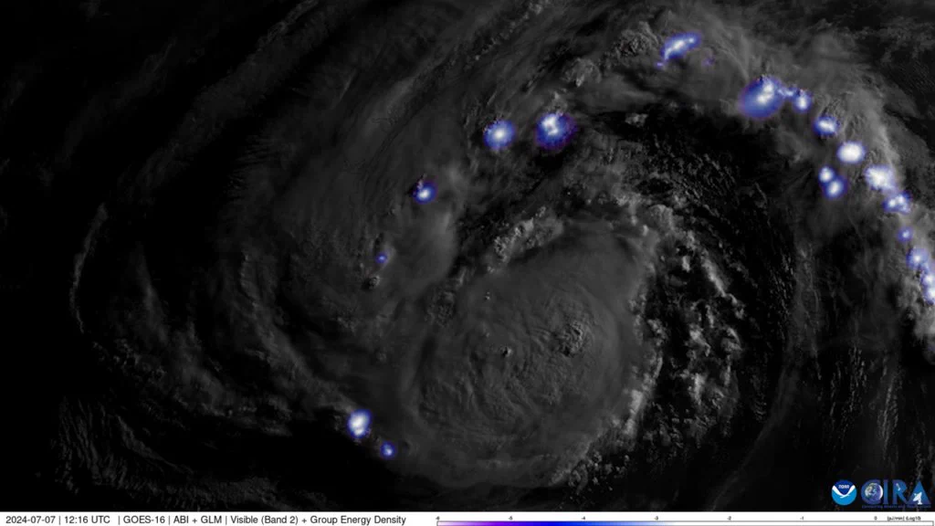 GOES-16 satellite imagery of lightning in Hurricane Beryl near Texas, July 2024. [Image source: CIRA Satellite Library.]