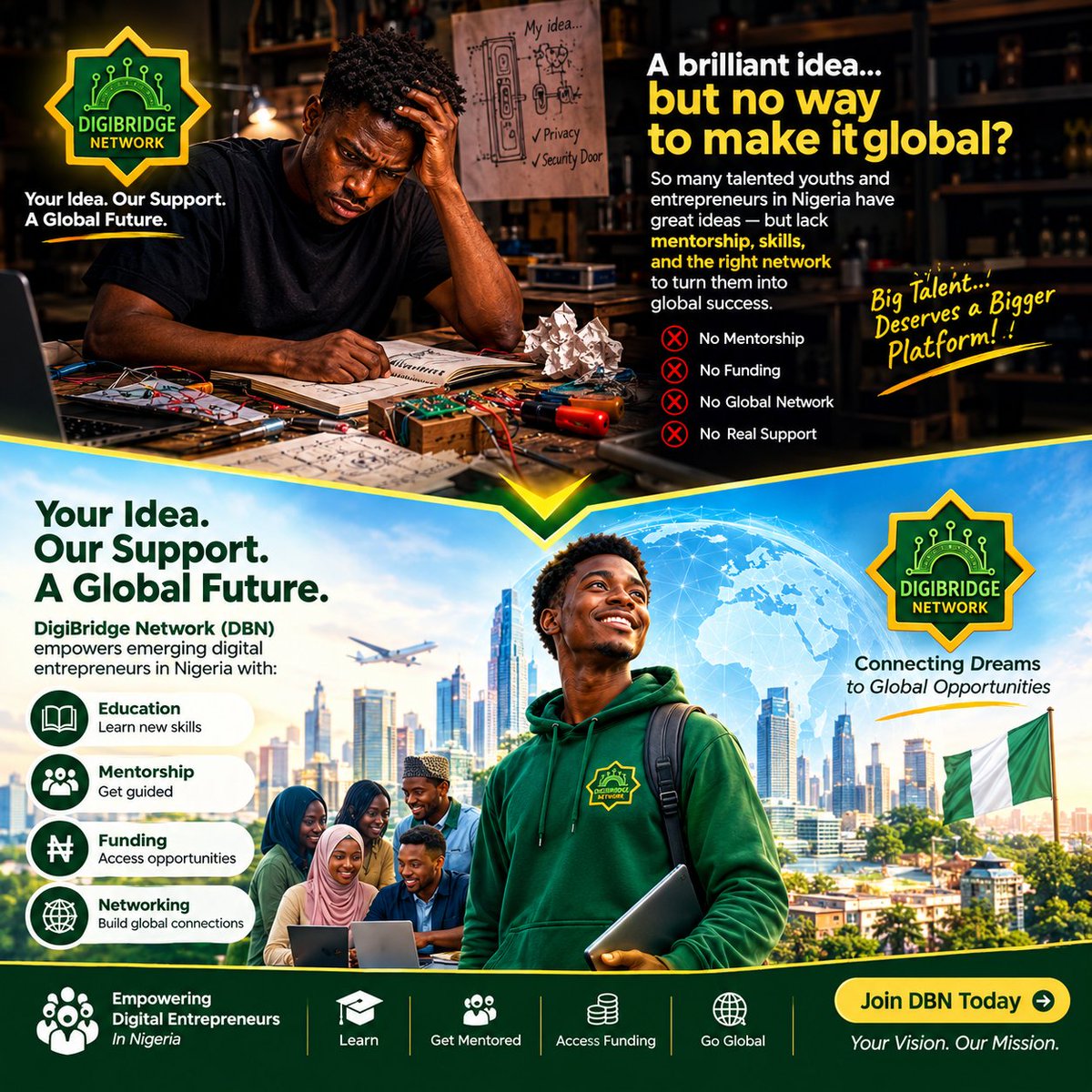 SDAChain's tweet photo. 🚀 Great ideas deserve a global stage! 🌍

DigiBridge Network (DBN) connects Nigerian digital entrepreneurs with the skills, mentorship, funding, and networks they need to turn ideas into global impact. 💡🤝

Your Idea. Our Support. A Global Future! 💚💛

#DigiBridgeNetwork #DBN https://t.co/g9kl1Ol77z