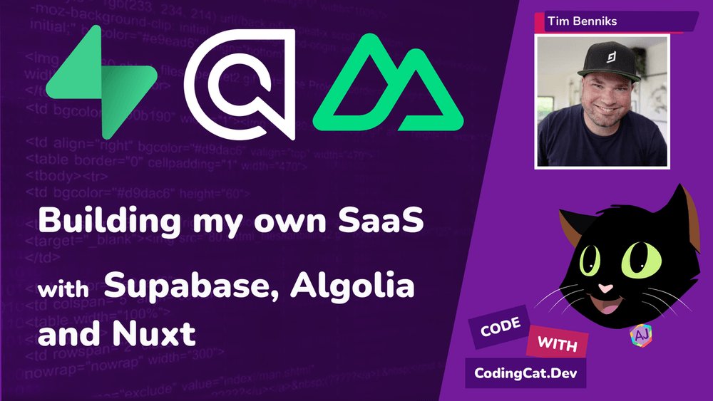 codercatdev's tweet photo. Podcast S1E4 with Tim Benniks (@timbenniks): Building your Own SaaS

Tim teaches Alex how to make your own SaaS using Supabase, Algolia and Nuxt. https://t.co/qVpQZNZxSf