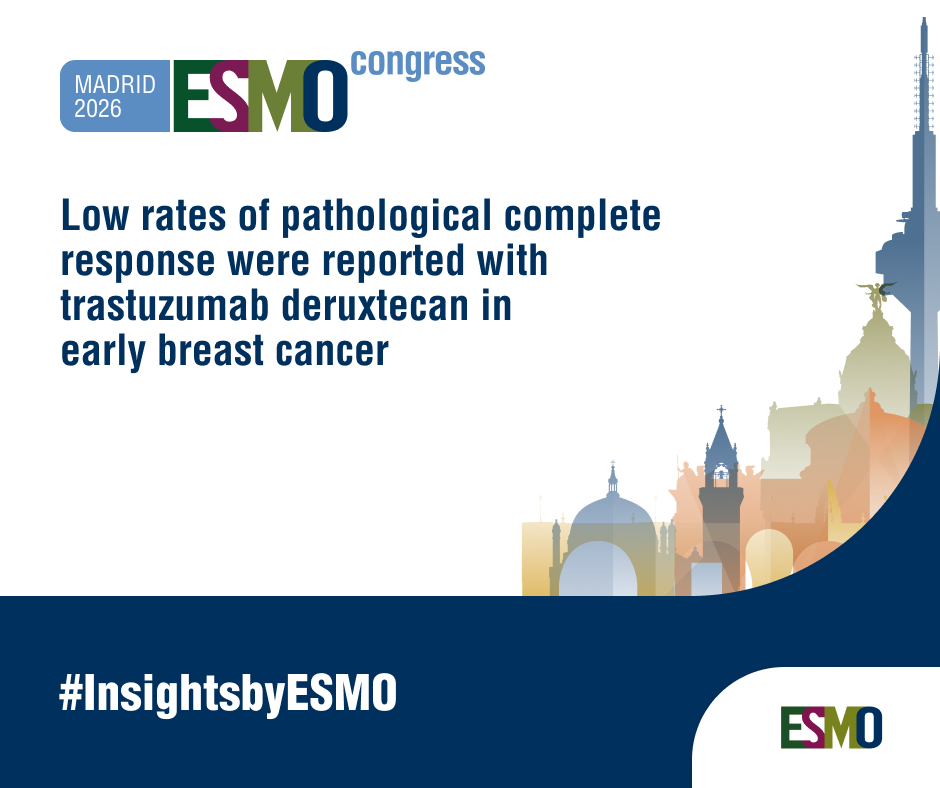 myESMO's tweet photo. #ESMO26: Final results from the TALENT #ClinicalTrial show low pathological complete response rates with the antibody–drug conjugate (#ADC) trastuzumab deruxtecan in HR-positive, HER2-low #EarlyBreastCancer, as discussed by @breastDoktor #InsightsbyESMO
➡️ https://t.co/pEwVYrWK4C https://t.co/jbabpK2yKI