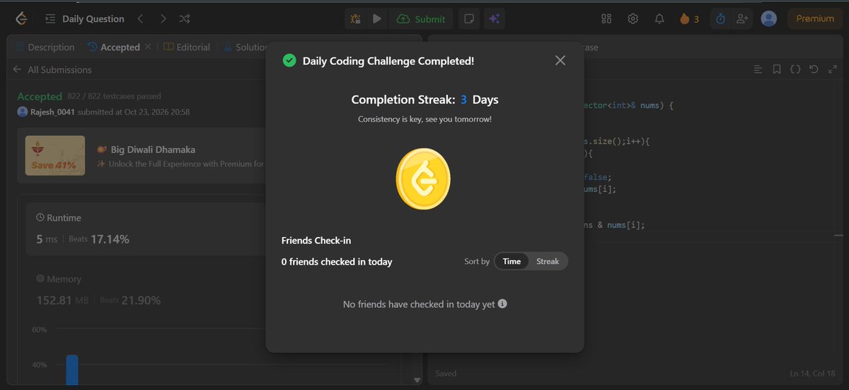 mr_rajeshjaat's tweet photo. 23/10/26 🗓️

LC POTD: 3644 ✅
2 × 1000-rated Codeforces problems solved 💪
#LeetCode #Codeforces #DSA #CompetitiveProgramming https://t.co/ymZiIUNijw