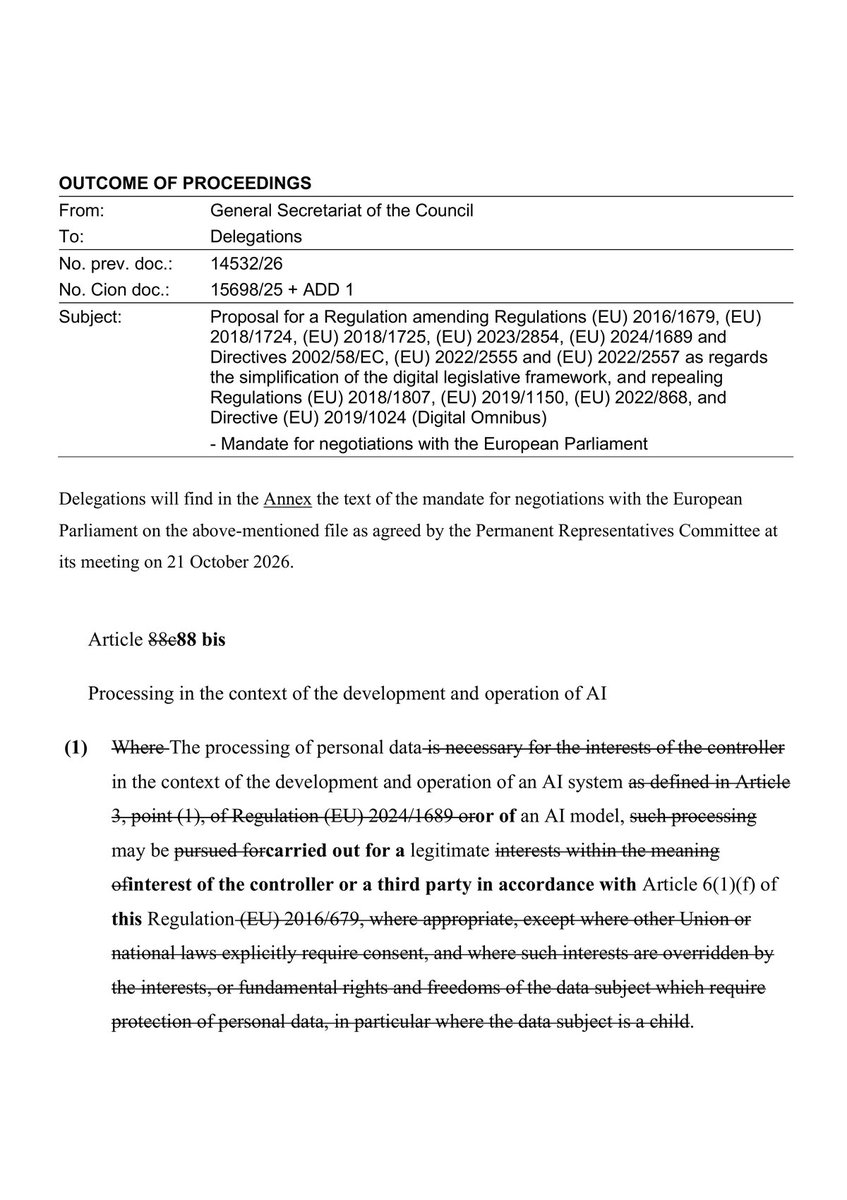 IntCyberDigest's tweet photo. ❗️ EU governments backed a GDPR change on Wednesday that would let AI companies use Europeans' personal data without consent.

Privacy group noyb says OpenAI, Google and Meta could tap decades of collected data with almost no limits.

The European Parliament still has to agree. https://t.co/Xp5Ij3KnPg