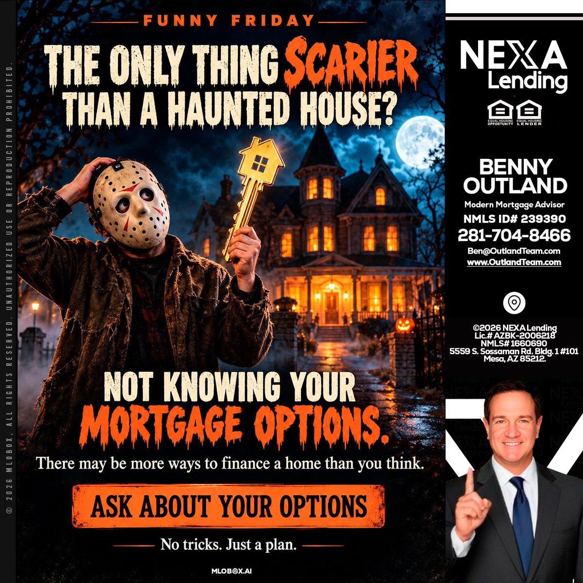 TheBenOutland's tweet photo. Scared of your mortgage options? Don't be! Let’s find the best plan for you. 🎃🔑 #MortgageAdvice #HomeFinance #FunnyFriday
📧 Benny@OutlandTeam.com
📞 281-704-8466 https://t.co/YcGAxHwhPB