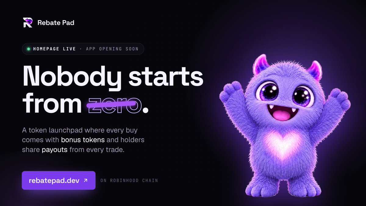 RebateLaunch's tweet photo. The Rebate Pad homepage is live 👉 https://t.co/nNvlVrHTmg

A token launchpad on Robinhood Chain where every buy comes with bonus tokens, and holders share payouts from every trade.

See how it works before the app opens.

Official launch date to be announced. https://t.co/gX3MWPMpnE