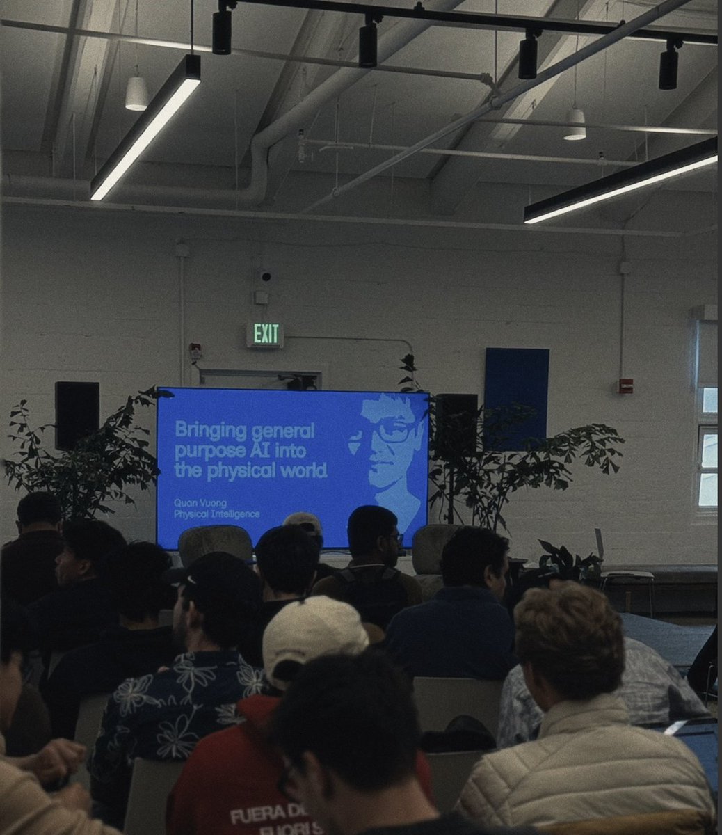 superintel_xyz's tweet photo. @QuanVng at @fdotinc yesterday on physical AI. 

The talk ran like a product brief, crisp, no hype. 

Notes for those who missed it:

1. Physical AI is a superset of LLM problems. More complex. More dimensions. Bad data costs more.

2. There is still no clear path to autonomy (think: deploy into a hospital, cross an API boundary, keep it reliable). Distill what you learn and share it. The industry benefits from this.

3. Their product bet: one model that does everything. One policy builds trust across tasks. Years of work. Several breakthroughs. Goal is to decouple data scaling from the robot body, then turn internal success into user outcomes as soon as it is real.

4. How they learn: pick a hard, open-ended task (laundry fold works because many solutions are valid). Run evals at scale. New environments surprise you, it is hard to estimate how many runs are needed 

5. Scaling hierarchy from the talk: API first. Then more robots and bigger models. Edge compute and energy are the long-horizon hard problems.

6. Industry posture: measured comms. Don't undersell. Don't oversell. Reliability is the north star. The hard part is the problem itself.

7. Open systems build shared context. Shared context is how teams ship autonomy with confidence.

That is what we wrote down. Happy to be corrected on any line!