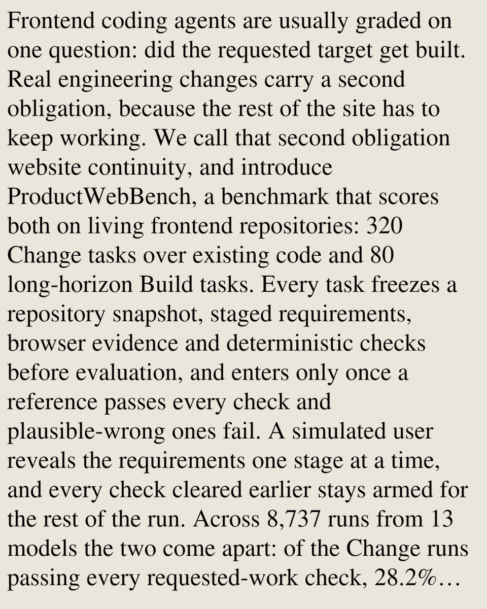 ComputerPapers's tweet photo. ProductWebBench: Evaluating Website Continuity Beyond Task Completion

Jiajun Wu, Jian Yang, Yaxin Du, Shukai Liu, Linzheng Chai, Tuney Zheng, Wei Zhang, Haitao Yang, Yan Bai, Yihang Lou, Xianglong Liu, Bryan Dai
https://t.co/IKA5ZVnLGh [𝚌𝚜.𝚂𝙴 𝚌𝚜.𝙰𝙸] https://t.co/foqrqEx4SG