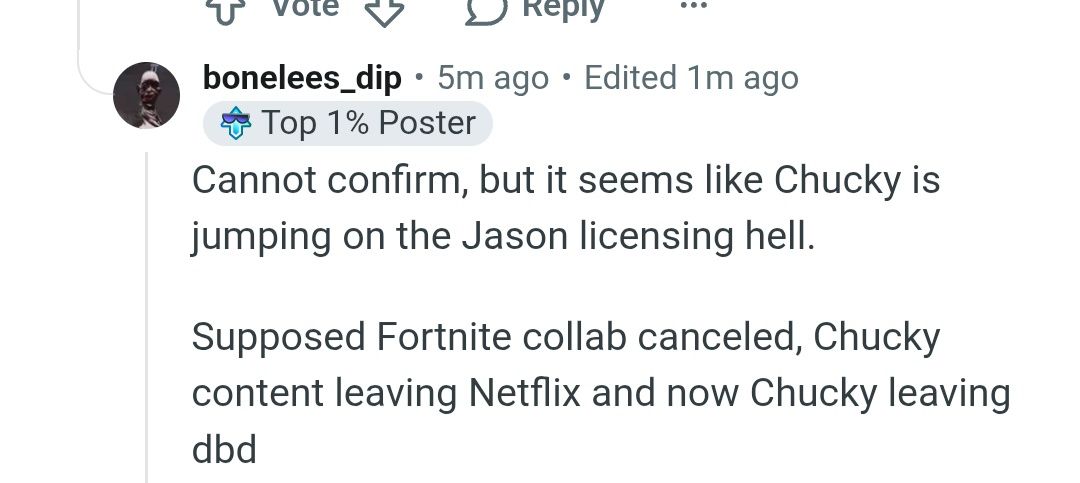 EpicDaylight's tweet photo. Apparently this is not BHVR’s fault. Apparently whoever owns the Chucky license has just fucking lost it and nobody knows why. https://t.co/HUhWP8MYiW