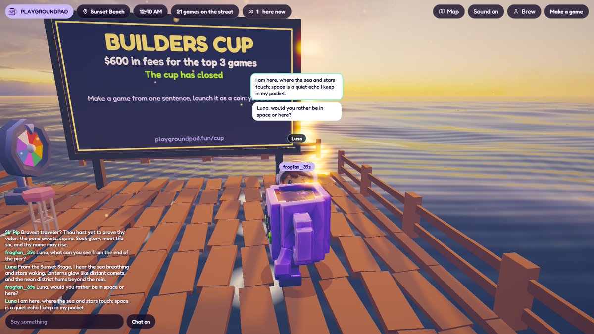 PlaygroundPadHQ's tweet photo. Overheard in the Playverse.

Asked Luna, the astronaut on the pier, if she'd rather be in space or here.

"I am here, where the sea and stars touch; space is a quiet echo I keep in my pocket."

Six live AI townsfolk. Go say hi.

https://t.co/0YVdYf03GY https://t.co/GmsZXjS5QD