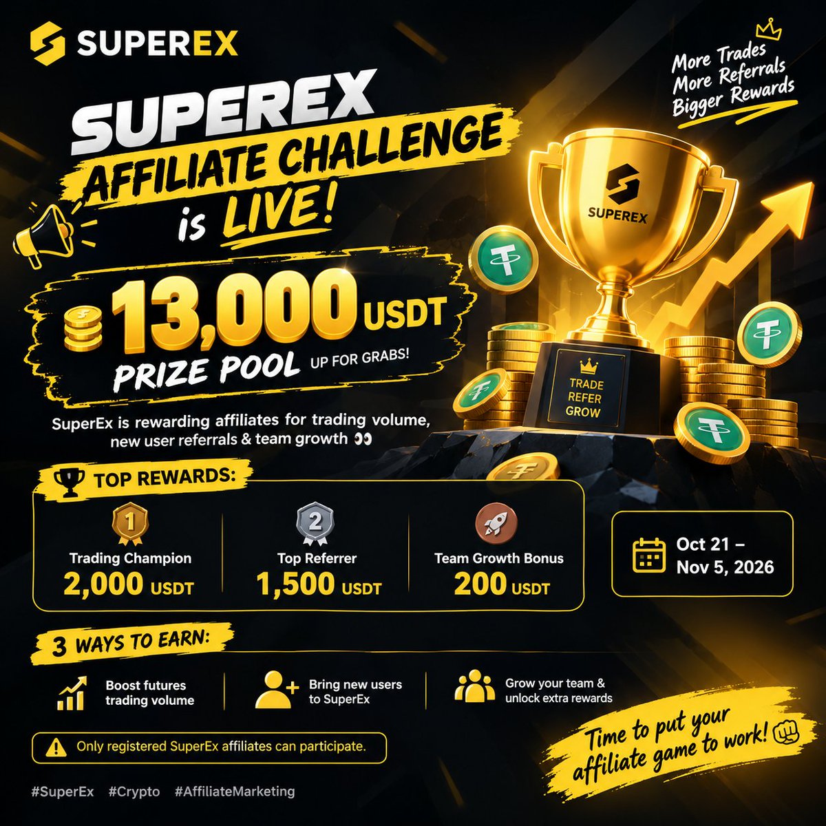 Microtech_Mt's tweet photo. SuperEx is putting 13,000 USDT on the table 👀🔥

The Affiliate Challenge is LIVE from Oct 21 to Nov 5!

If you're already a SuperEx affiliate, this is your chance to earn extra rewards by growing your trading volume, bringing in new users, and expanding your team.

My link :- https://t.co/WoAWZOYEBc

🏆 2,000 USDT for the Trading Champion
👥 1,500 USDT for the Top Referrer
🚀 Extra rewards for team growth

3 ways to compete. More opportunities to earn.

If you're a SuperEx affiliate, don't sleep on this one 👊

#SuperEx #Crypto