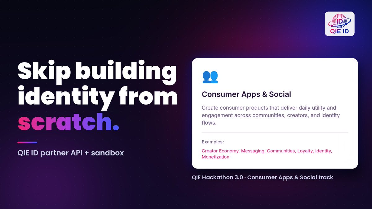 QIE_ID's tweet photo. Building a consumer app for QIE Hackathon 3.0? Don't burn weeks on identity.
Identity is an example area in the Consumer Apps & Social track, and using QIE components gets bonus points. QIE ID has a partner API and sandbox.
Start here π
#Hackathon #DigitalIdentity #Web3Dev https://t.co/0X97e4ksHg