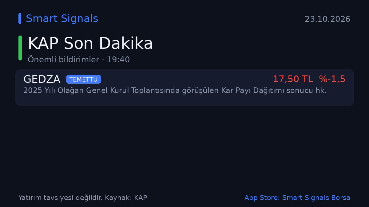 SmartSignalsTR's tweet photo. ⚡ KAP'tan son dakika

💰 TEMETTÜ | #GEDZA
2025 Yılı Olağan Genel Kurul Toplantısında görüşülen Kar Payı Dağıtımı sonucu hk.
💹 GEDZA 17,50 TL (%-1,5)
🕐 19:02

📲 Favori hisselerinin KAP akışı ve halka arz takibi: App Store'da "Smart Signals Borsa"
Yatırım tavsiyesi değildir.
#bist #borsa #kap