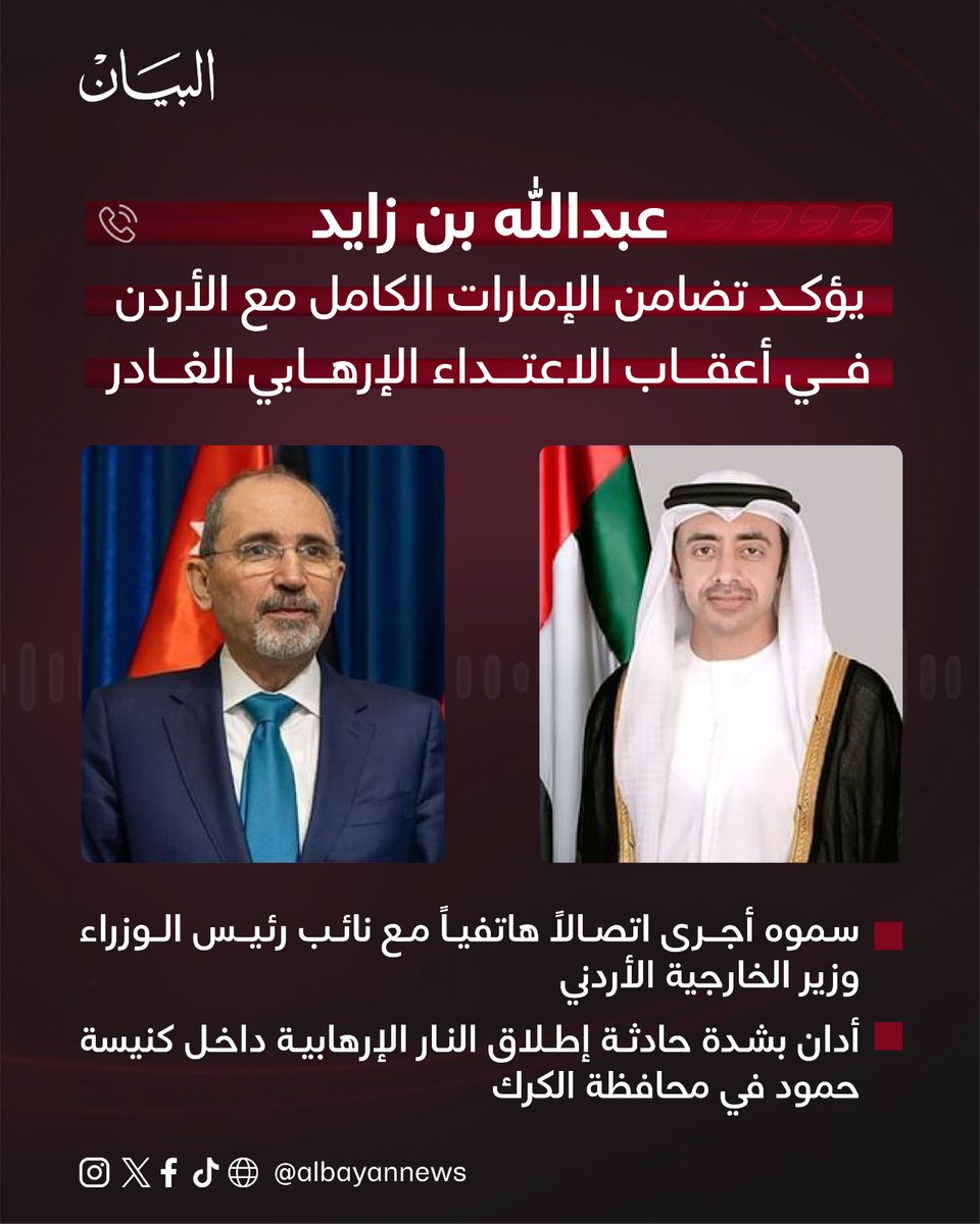 AlBayanNews's tweet photo. عبدالله بن زايد يؤكد تضامن الإمارات الكامل مع الأردن في أعقاب الاعتداء الإرهابي الغادر

https://t.co/2kbsi7M9MR

#صحيفة_البيان