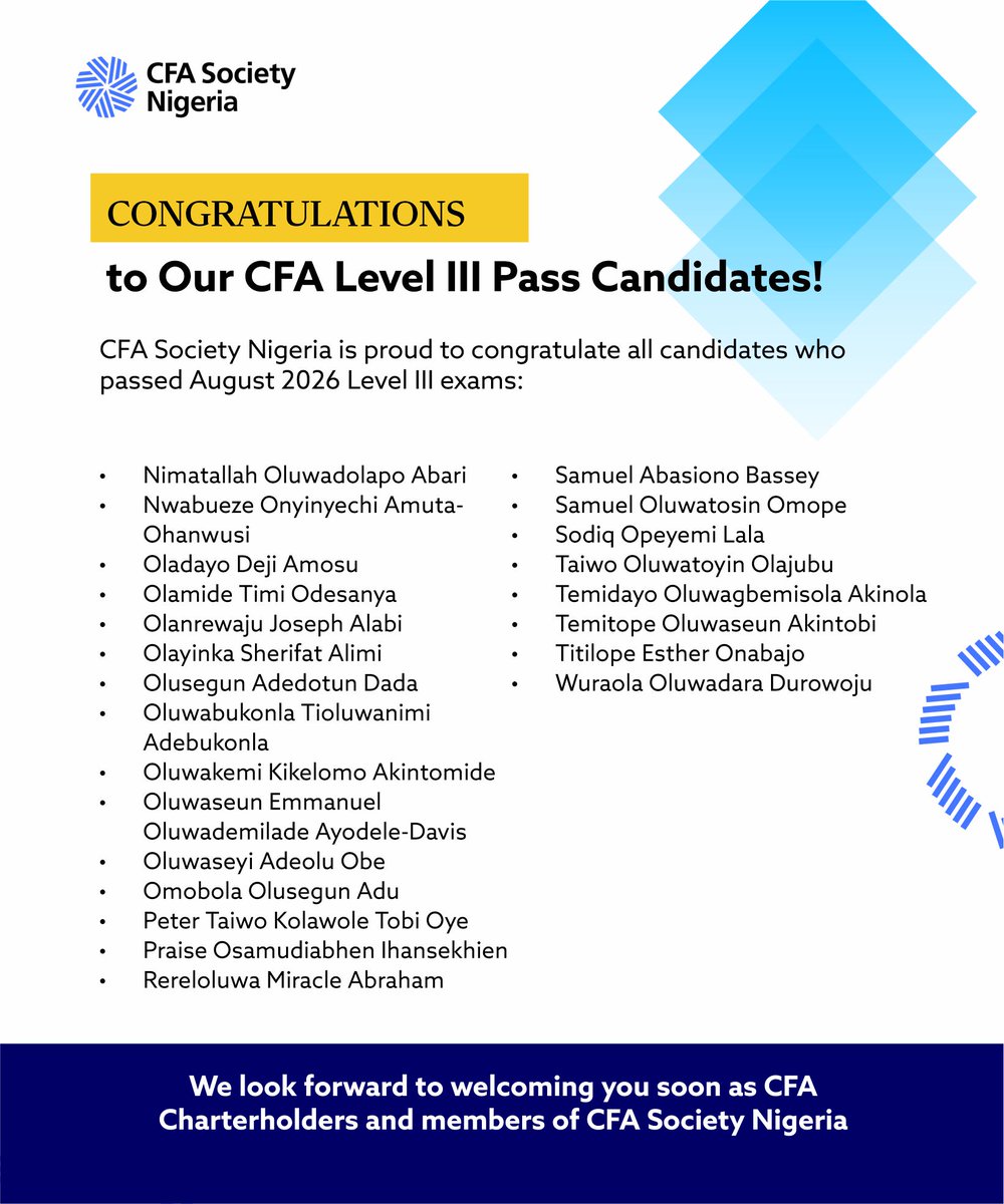 CFASocietyNG's tweet photo. We are not done celebrating our Level III achievers just yet! 🎉

Congratulations. We look forward to welcoming you as CFA Charterholders and members of CFA Society Nigeria as you complete the remaining requirements.

Do you know anyone on this list? Tag them.

#CFANaija https://t.co/Dn8W695Z7u