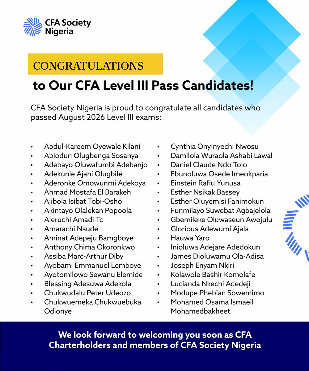 CFASocietyNG's tweet photo. We are not done celebrating our Level III achievers just yet! 🎉

Congratulations. We look forward to welcoming you as CFA Charterholders and members of CFA Society Nigeria as you complete the remaining requirements.

Do you know anyone on this list? Tag them.

#CFANaija https://t.co/Dn8W695Z7u