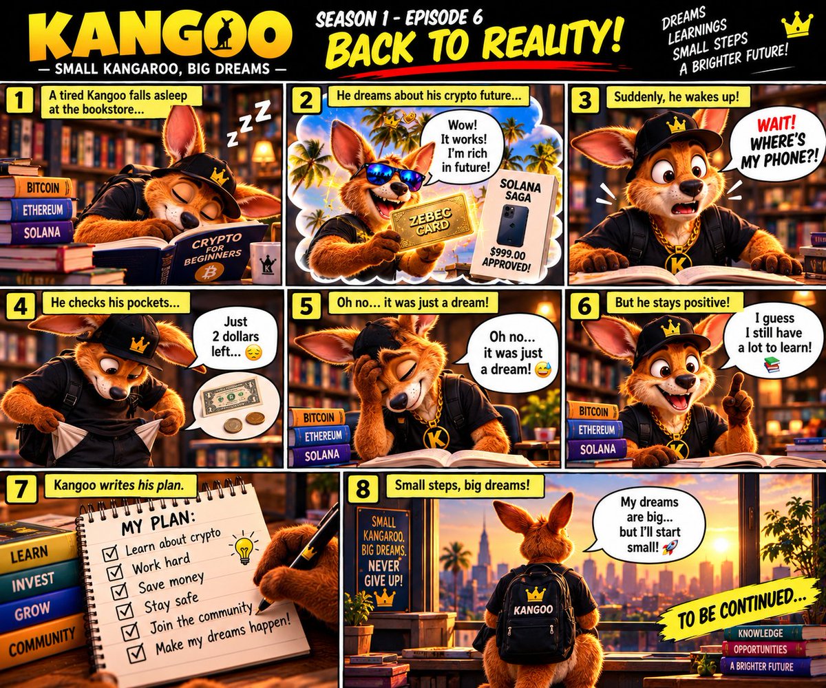 KangooOnSol's tweet photo. 🦘💭 KANGOO — EPISODE 6: BACK TO REALITY! 😂

That Solana phone? Just a dream! 😴📱

Kangoo still has $2 in his pocket… but his dreams are bigger than ever!

Every big journey starts with a small step. 💚🚀

Small Kangaroo. Big Dreams!

#KANGOO #Solana https://t.co/KbzGmxIeys