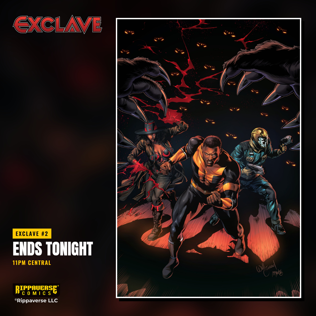 EricDJuly's tweet photo. Last call: Exclave #2 pre-orders close tonight at 11PM Central.

Only 240 free character cards left. The first 1,000 individual orders each get a free Exclave character card, and once they're gone, they're gone.

Cover A: Will Conrad | Colors: Marcos Martins https://t.co/nJujzccJGk