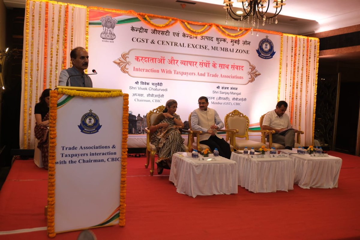 cbic_india's tweet photo. Continuing CBIC's outreach following the 57th GST Council, Shri Vivek Chaturvedi, Chairman, CBIC, and Shri Sanjay Mangal, Member (GST), CBIC, met with trade associations and taxpayers from Maharashtra in Mumbai, India’s financial and commercial capital, on 22 Oct 2026. Ms. Prachi Saroop, Pr. Chief Commissioner, GST & Central Excise, Mumbai Zone, Shri Asheesh Sharma, Commissioner of State Tax, GST, Maharashtra, and senior CGST–SGST officers were present.

👉 Addressing over 150 representatives from trade bodies, industry associations, chambers, and professional organisations, the Chairman highlighted GST’s contribution to realising Viksit Bharat 2047 and outlined key reforms announced. The Member highlighted various measures being undertaken by the Board to make compliance easier.

👉 Stakeholders were invited to share feedback, and queries, which were addressed by the Chairman and Member, who also interacted with CBIC officers of Mumbai Zone.