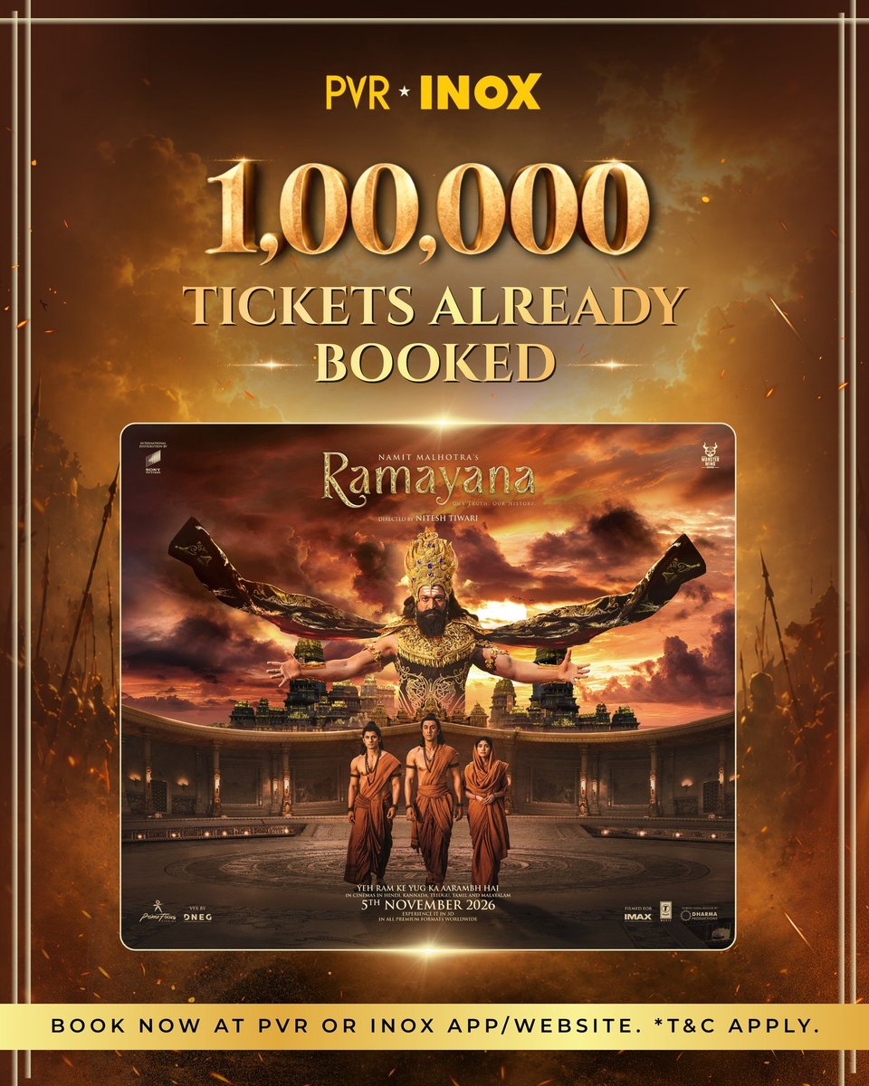INOXMovies's tweet photo. One lakh tickets booked. And the hype is only getting bigger! 🔥
Ramayana is all set to take the world by storm! 💥

#Ramayana releasing at PVR INOX on Nov 5!
Book now: https://t.co/RPd3V1Fbda
.
.
.
#RanbirKapoor #SaiPallavi #Yash #SunnyDeol #RaviDubey #ArunGovil #LaraDutta #RakulPreetSingh

Credits: Prime Focus Studios, DNEG, Monster Mind Creations & Sony Music India.

All rights belong to their respective owners.