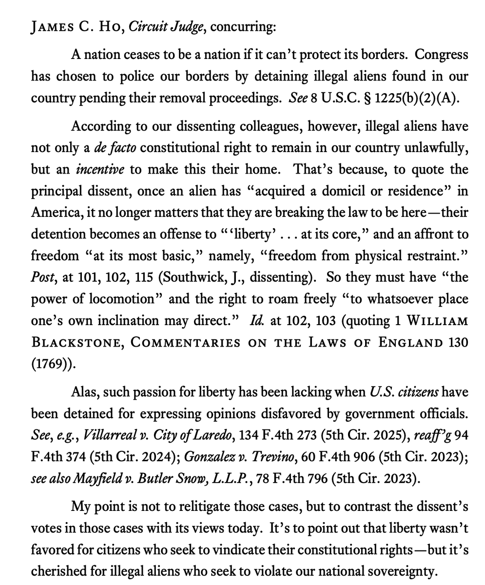 willchamberlain's tweet photo. HUGE: The en banc Fifth Circuit just held, 11-6, that illegal aliens caught in the interior can be detained without bond for the duration of their removal proceedings.

Judge James Ho in a concurring opinion: "A nation ceases to be a nation if it can't protect its borders." https://t.co/nvnnmaeW8d