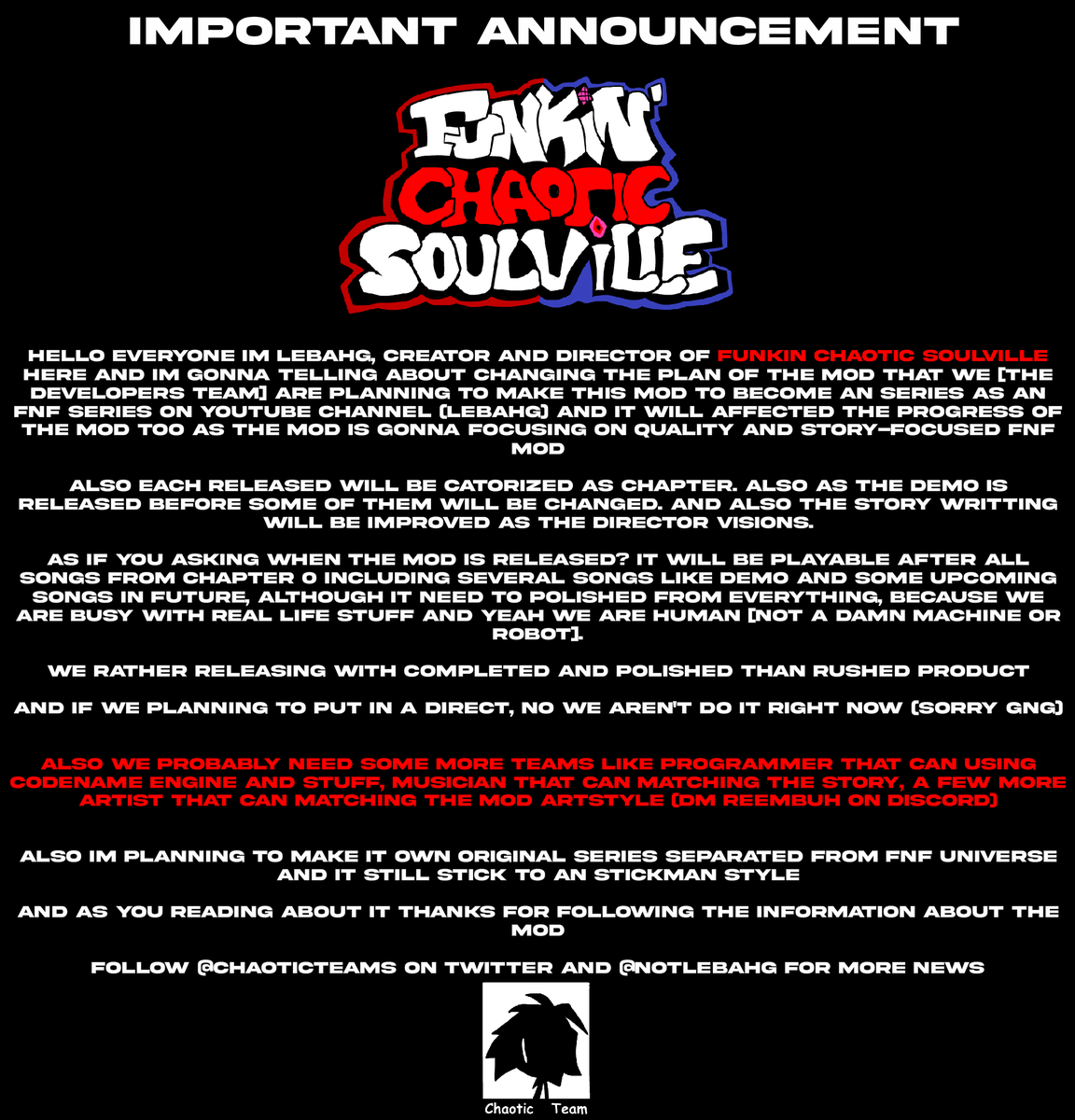 NotLebahG's tweet photo. Announcement About Funkin Chaotic Soulville

Ya Can Ask Anything about the mod in the post

@Funkininterview @THEREALTIMELIME

#fnf #fridaynightfunkin #fnfmod #animation #fridaynightfunkinmod #funkinchaoticsoulville #chaoticsoulville https://t.co/qjPzbq3qXg