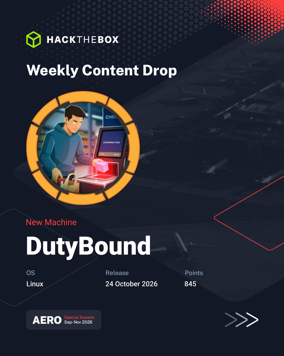 hackthebox_eu's tweet photo. 🛩️ Prepare for turbulence: AERO just dropped another round of content.

What's new on HTB Labs this week:

1️⃣ DutyBound (Seasonal Machine)
OS: Linux
Creator: Pho3o

2️⃣ Halfmask (Challenge | Hard)
Category: Crypto
Creator: ph1nx07

(P.S: Sherlocks coming tomorrow👀)

Who’s taking root first? 🏁

🔗 Play now on HTB Labs >>> https://t.co/4ApofetNyk

#HackTheBox #HTB #WeeklyContentDrop #HTBAERO #CyberSecurity #RedTeaming #DFIR #Crypto