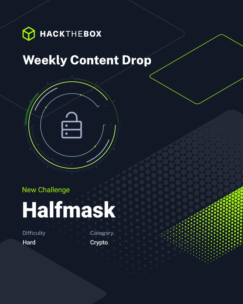 hackthebox_eu's tweet photo. 🛩️ Prepare for turbulence: AERO just dropped another round of content.

What's new on HTB Labs this week:

1️⃣ DutyBound (Seasonal Machine)
OS: Linux
Creator: Pho3o

2️⃣ Halfmask (Challenge | Hard)
Category: Crypto
Creator: ph1nx07

(P.S: Sherlocks coming tomorrow👀)

Who’s taking root first? 🏁

🔗 Play now on HTB Labs >>> https://t.co/4ApofetNyk

#HackTheBox #HTB #WeeklyContentDrop #HTBAERO #CyberSecurity #RedTeaming #DFIR #Crypto