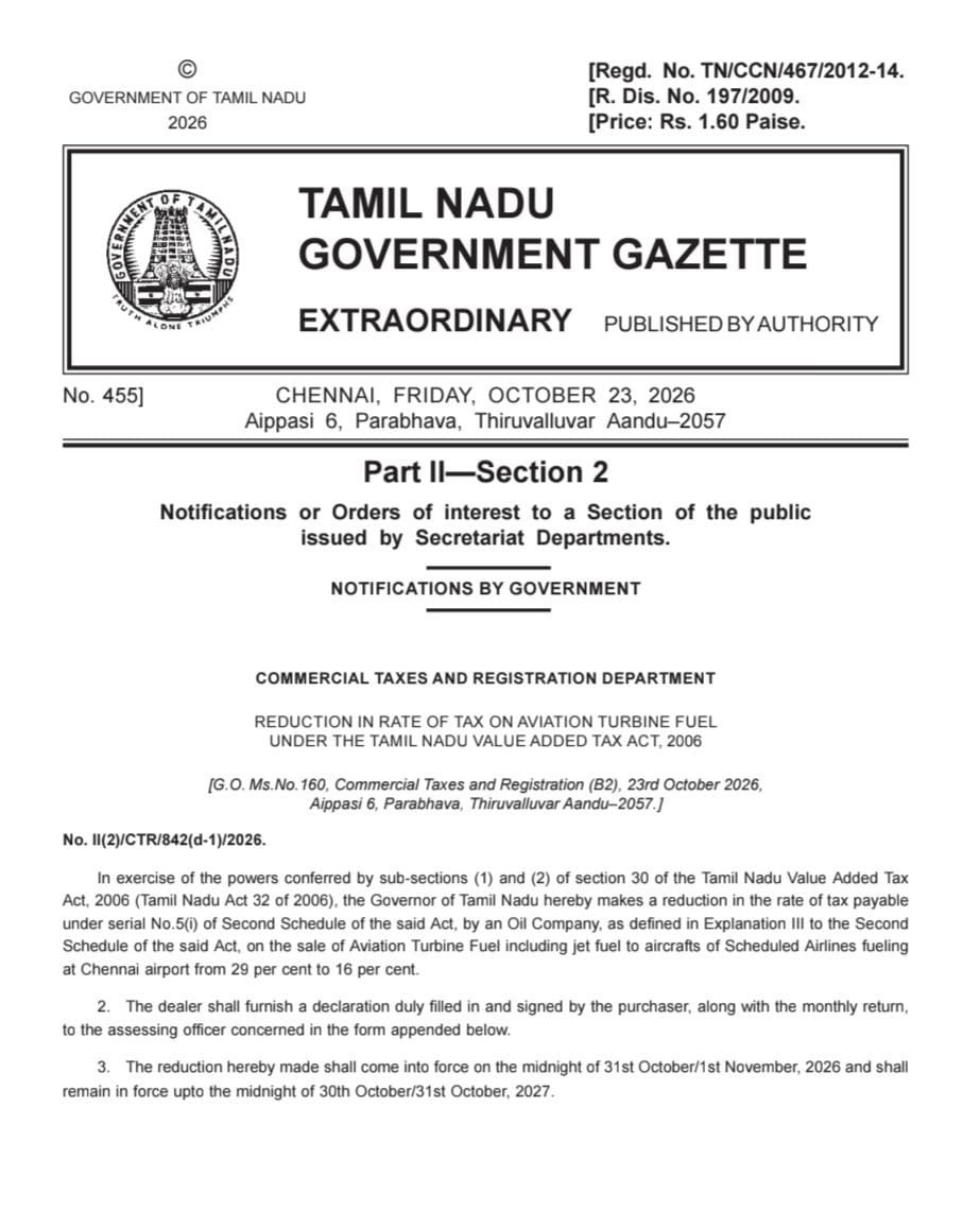 IndiGo6E's tweet photo. We welcome the Government of Tamil Nadu’s decision to reduce VAT on Aviation Turbine Fuel (ATF) and extend our sincere appreciation to the Hon’ble Chief Minister, @TVKVijayHQ, for this progressive initiative.

Such measures strengthen air connectivity, support the state’s tourism and economic growth, and contribute to a more robust aviation ecosystem in India.

We hope similar progressive initiatives will make air travel more accessible.