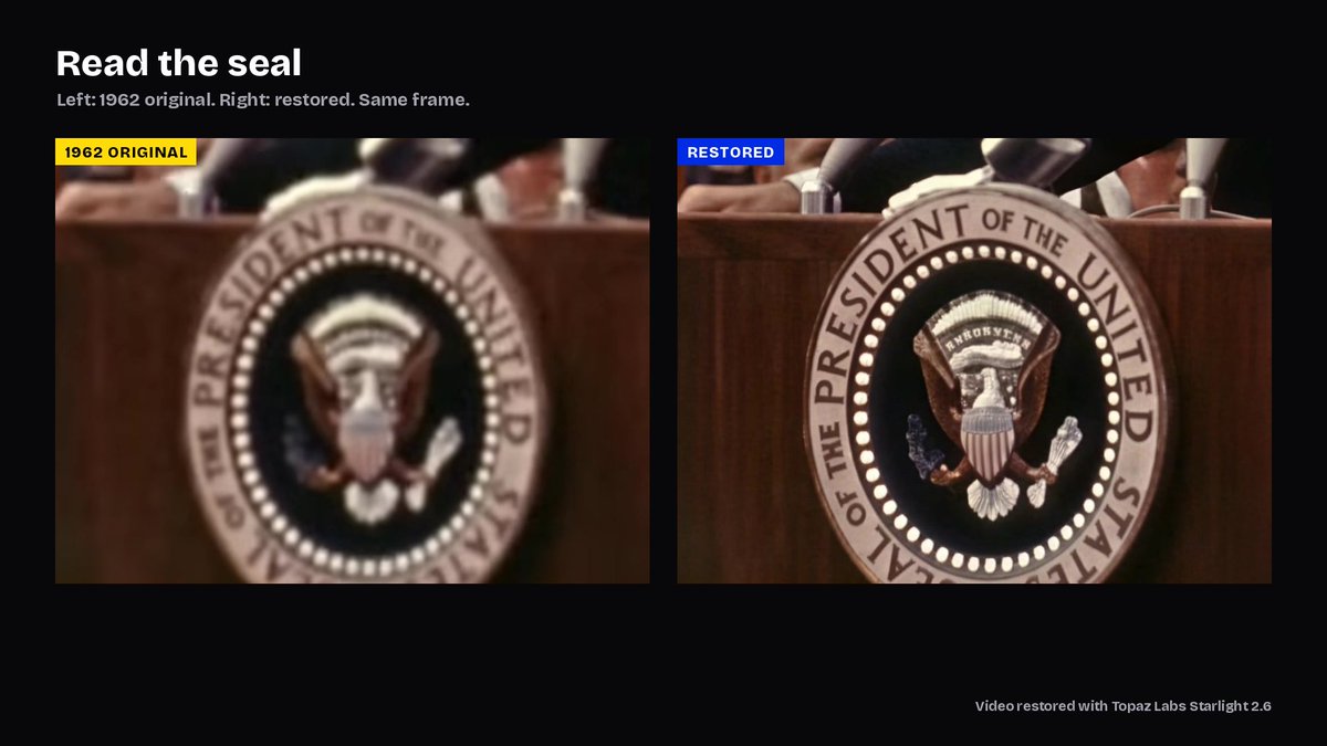 chrisfirst's tweet photo. Read the seal.

On the original, “President of the United States” is a blur. Restored, you can read every letter, and the eagle’s feathers have detail. https://t.co/Eknp36Ianf