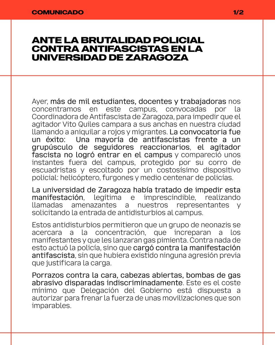 OES_Zaragoza's tweet photo. Las organizaciones estudiantiles y las secciones sindicales de la universidad de Zaragoza denunciamos la brutalidad policial contra antifascistas y señalamos a sus responsables políticos.

Llamamos de urgencia a la concentración de hoy a las 19:00 en Delegación del Gobierno. https://t.co/NGC1lvSIEw