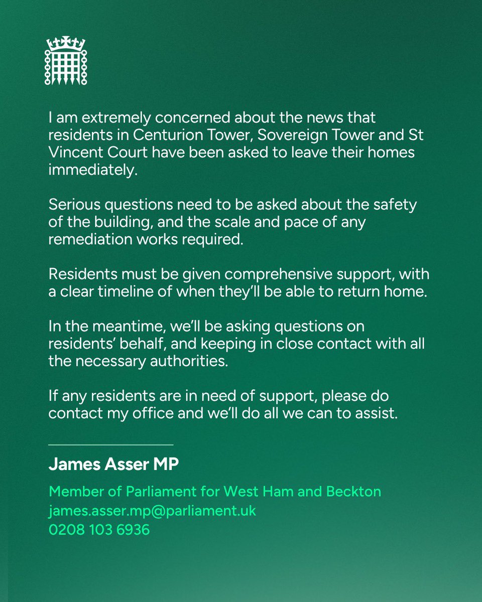 JamesAsser's tweet photo. Statement on the evacuation of residents at Sovereign Tower, Centurion Tower and St Vincent Court, Canning Town https://t.co/vXAj19RtKj