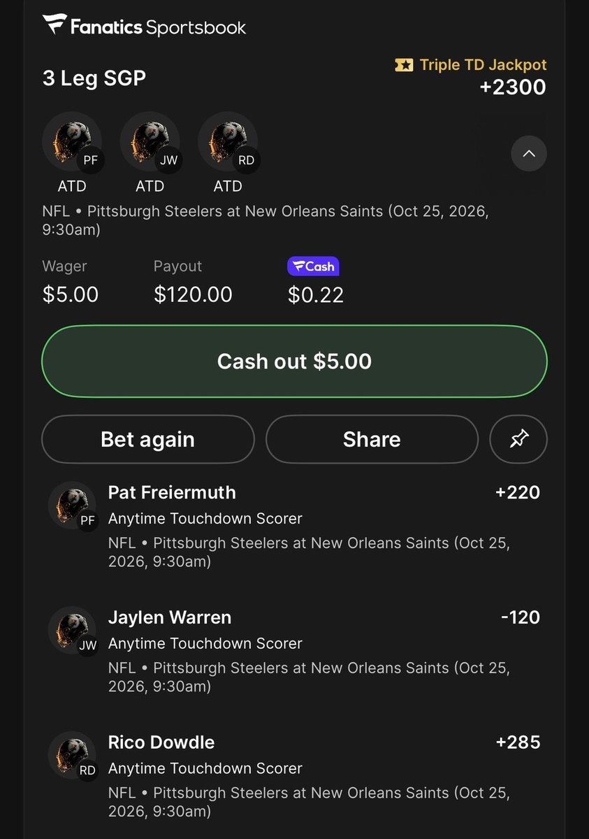 steelernation's tweet photo. My Triple TD Jackpot entry on @FanaticsSports for a chance at a share of $250,000 in FanCash 🔒

Freiermuth
Warren
Dowdle https://t.co/z17er46pnv