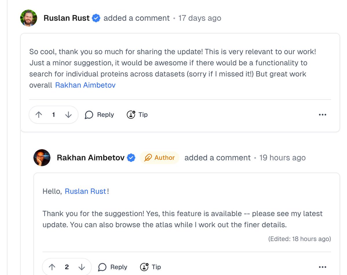 ResearchHub's tweet photo. If you fund research, this is the bit to watch. Updates go on the proposal page you paid into. You can reply or tip. @rust_ruslan asked for per-protein search. Rakhan pointed him to the latest update, where the Gene tab does that. Most grants send a PDF a year later. https://t.co/StFNZ3MytC