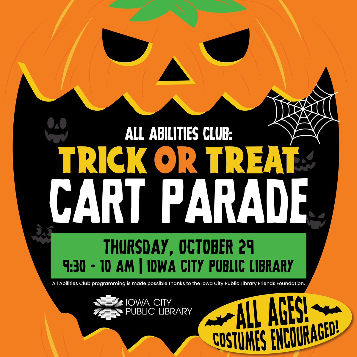 ICPL's tweet photo. Join us for All Abilities Club trick-or-treating through ICPL, collecting candy from costumed staff on Thursday, Oct. 29, from 9:30 to 10 a.m.! **This time is reserved for individuals of all ages with physical, developmental, or intellectual disabilities. https://t.co/PTOcOmL4YH https://t.co/SyFE8u8QV9