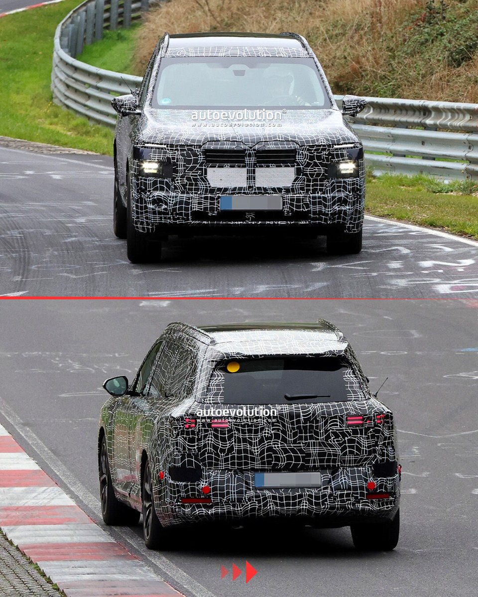 autoevolution's tweet photo. The carparazzi have spotted a less camouflaged prototype of the BMW iX7, which is due in the fall of 2027 for the 2028 model year. It should come as no surprise that designers went for distinctive styling that sets the iX7 apart from the iX5.

#bmw #ix7 #electricsuv #spiedcar https://t.co/4xoDrn5j5I