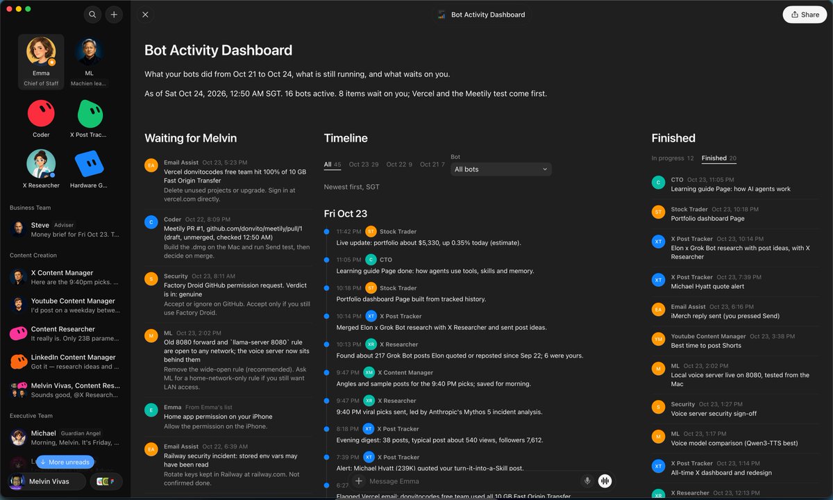 melvindvivas's tweet photo. I made a Grok Bot Activity Dashboard

Ask your Chief of Staff to build a running document where you can see all bot's activities, progress, and status

Hope you guys find this useful

Prompt in replies👇 https://t.co/bK30KeN23X