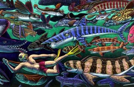 EmuLarge's tweet photo. It started with Ray Troll’s “Sharkabet” but I also found a copy of his “Planet Ocean” at a young age and between the depictions of incomprehensibly bizarre animals and their dream like arrangements, I was hooked. Cursed to ponder the highs and lows of the life aquatic. https://t.co/NpB3SLFJMB