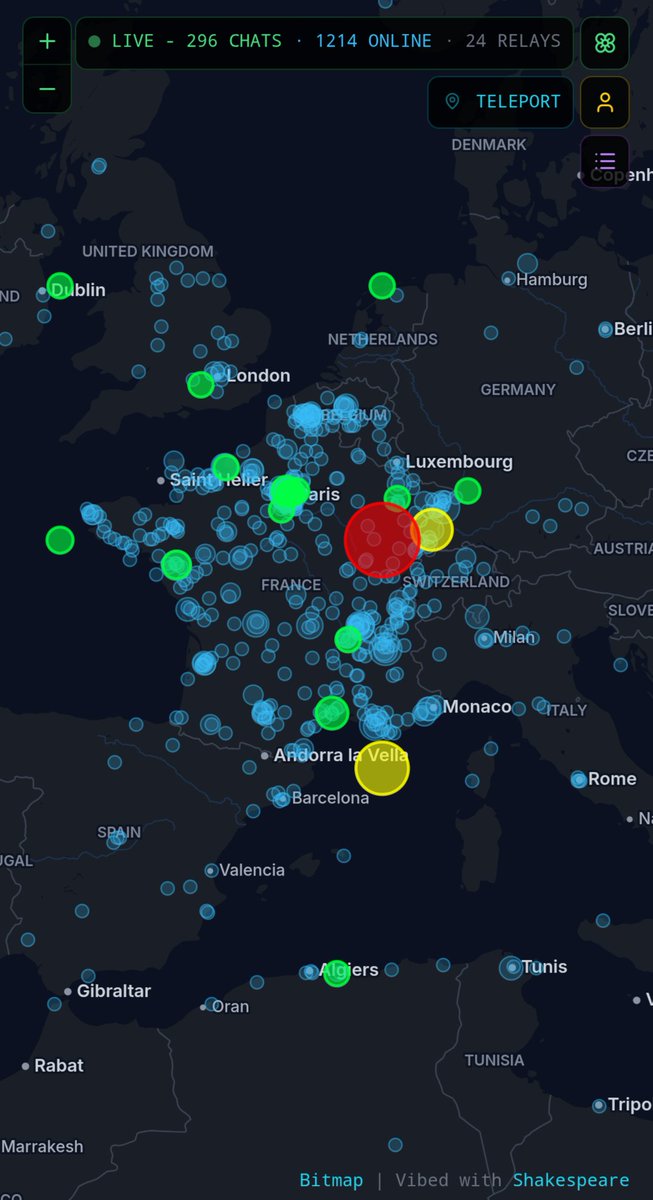 derekmross's tweet photo. You can monitor situation in France via Bitchat heat map at https://t.co/QWs4opUvue https://t.co/H9IiEjD71j